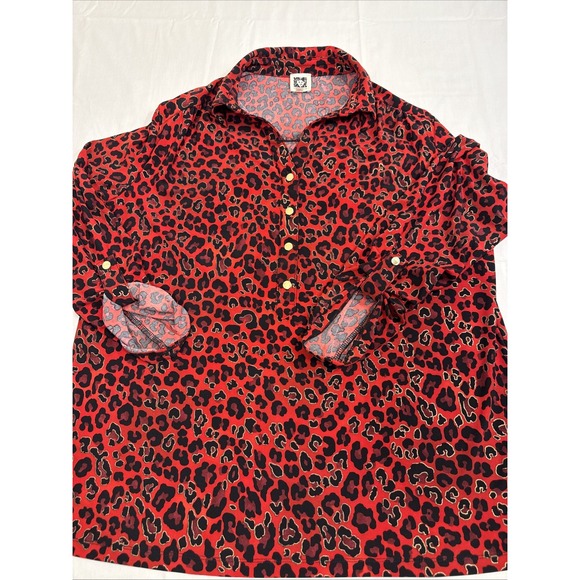 Anne Klein RED BLK GOLD L/S Blouse Top Gold METAL BUTTONS WOMENS LRG - Picture 1 of 13